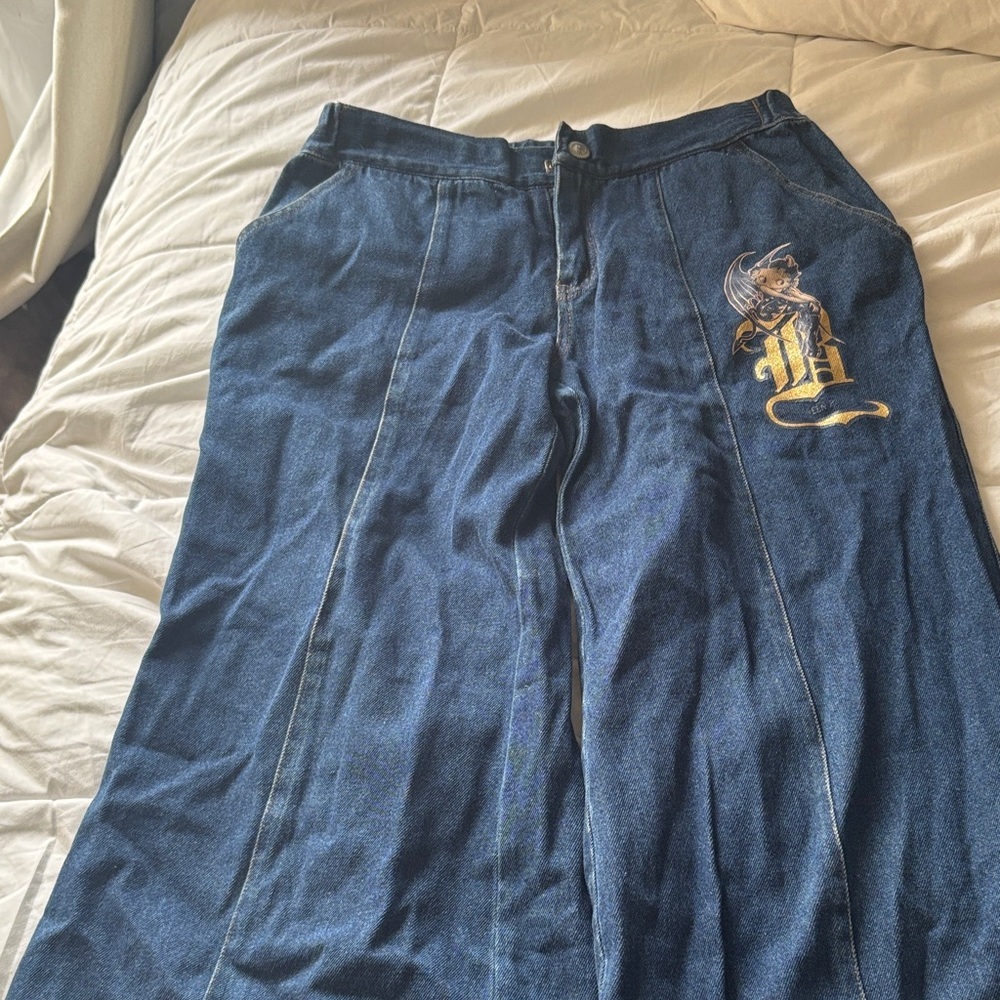 Y2K Blue Denim Pants with Embroidered Design
